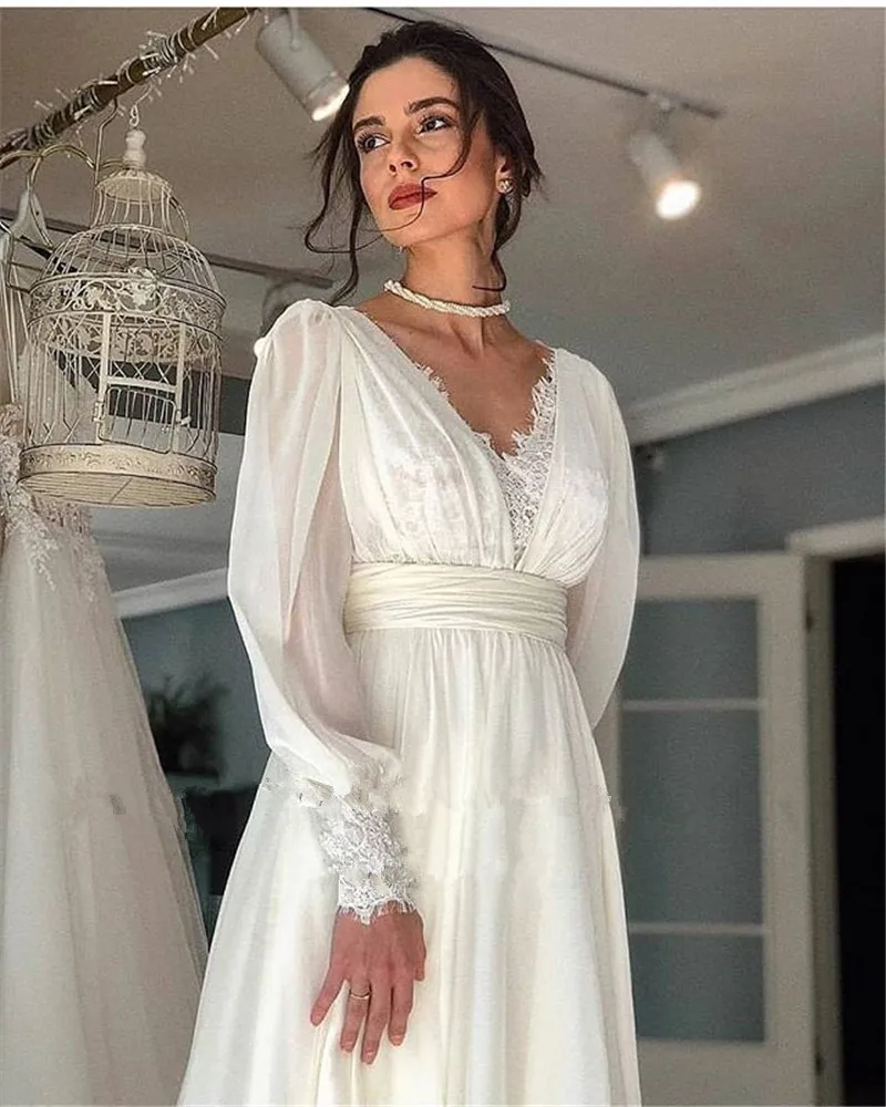 BOHO Wedding Dresses Long Puff Sleeves Bridal Gowns V-Neck Backless Sexy Robes For Bride Vestidos De Novia Exquisite Customized