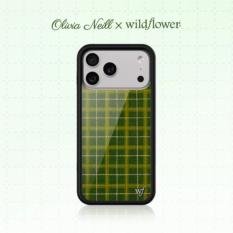 Funda para Teléfono Wildflower ins Olivia Neill para iPhone 17 16 15 14 13 12 11 Pro Max Plus WF Verde a Cuadros, Resistente a Impactos