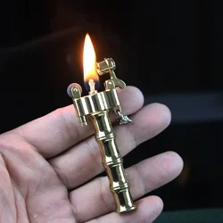 Brass keychain open flame lighter, bamboo mini metal lighter classic retro grinding wheel ignition gift men's smoking accessor