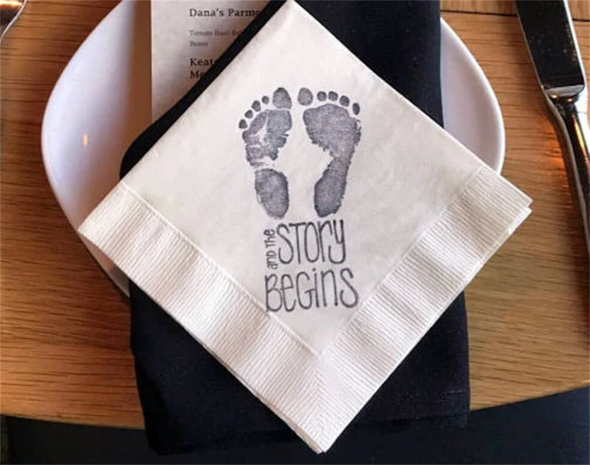 Personalized The Story Begins Baby Shower Footprints Light Burlap Cocktail Napkins Gender Neutral Baby Girl or Baby Boy, 50Pcs