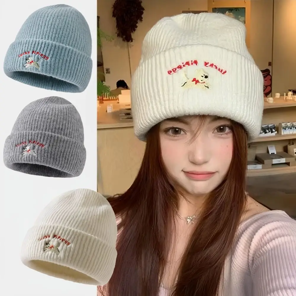 موضة جرو التطريز الشتاء محبوك قبعة رشاقته يندبروف قبعة قبعة لينة شتاء دافئ الكروشيه بونيه القبعات والقبعات #5
