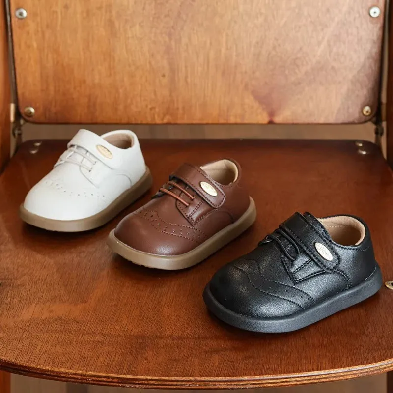 Boys Leather Shoes Spring Autumn Kids Oxfords For Boy Brogue Style School Party Children Dress Shoe Brown Black Beige 16-26