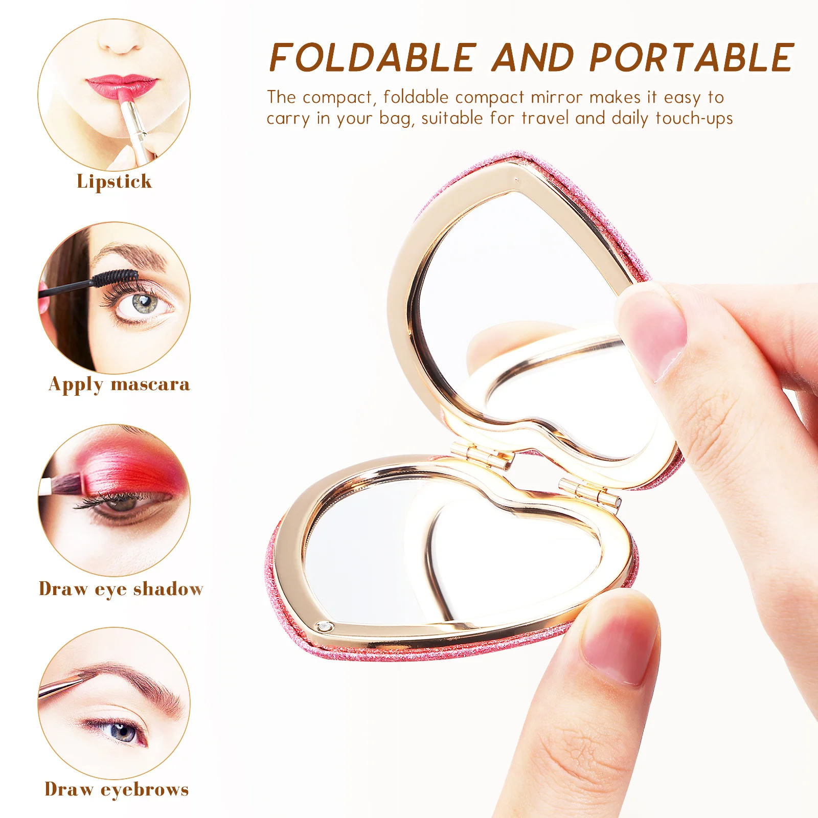 Espelho de maquiagem dobrável em forma de coração dupla face ampliação compacto portátil bolsa espelho viagem essencial espelhos compactos
