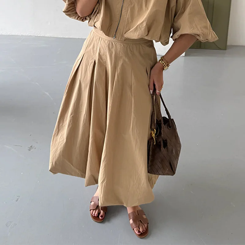 

Повседневные женские свободные рубашки и юбки на молнии с лацканами, элегантный комплект из двух предметов для поездок на работу, винтажные однотонные плиссированные полуюбки, наряды