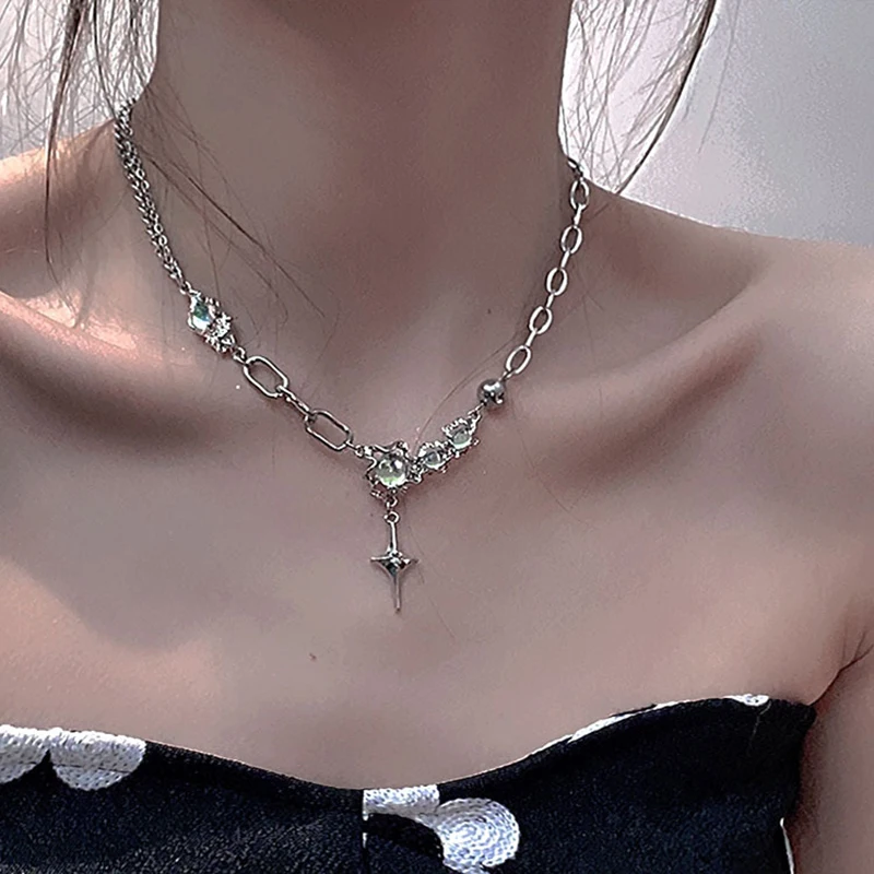 JWER Trendy Bling Moonstone Star Cross Pendant Necklace for Women