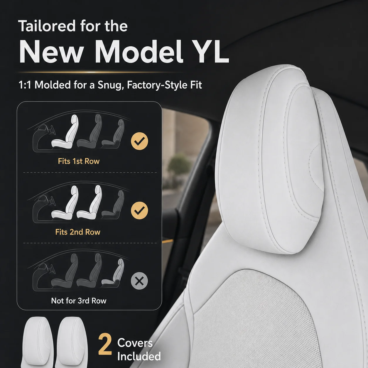 1set 2pcs Full Surround Invisible Headrest & Seat Covers original interior leather color Custom Fit for Tesla Model YL