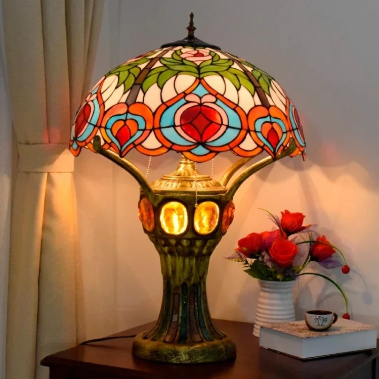 Wedding Room Festive Table Lamp Tiffany Tulip Living Room Study Decoration Retro 23 Inch Electric Cast Iron Ceiling Light Dome