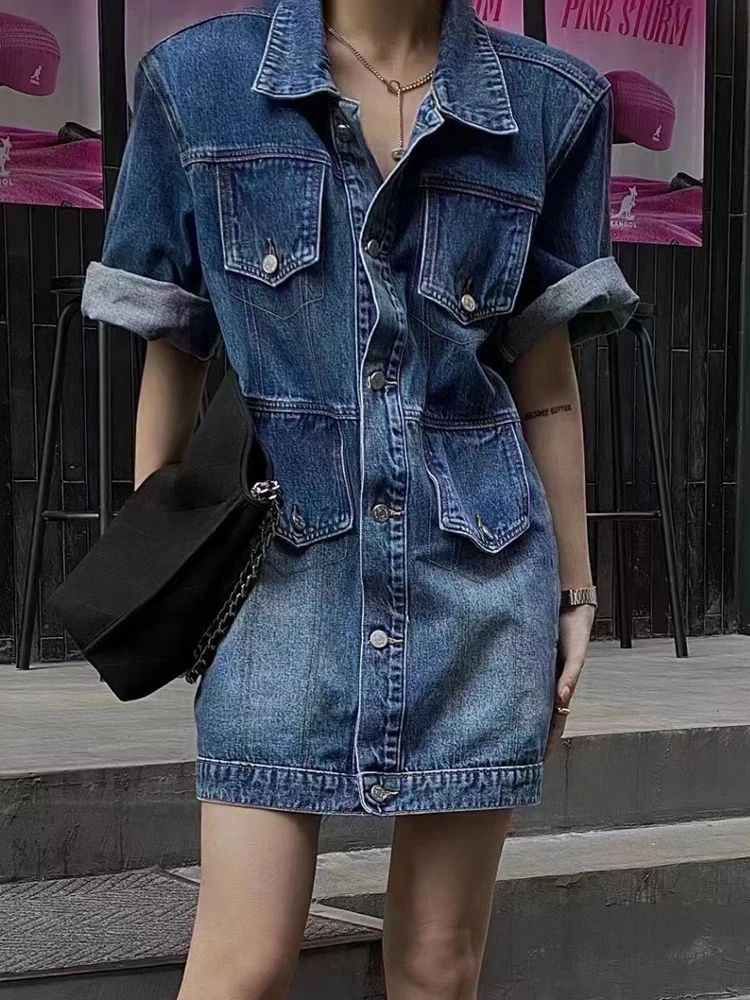 TWOTWINSTYLE Patchwork Button Denim Dresses For Women Lapel Long Sleeve High Waist Mini Solid Summer Dress Female Fashion 2023