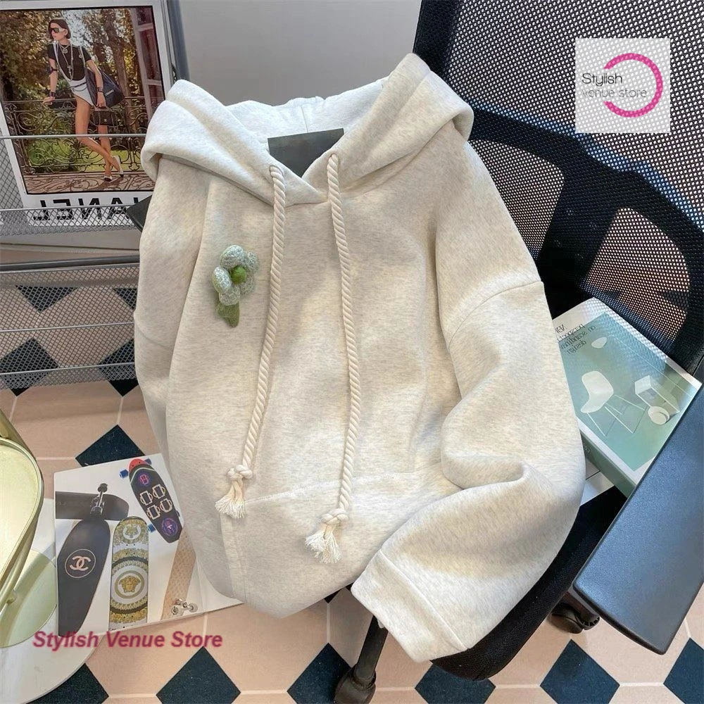 American retro design sense gray trend three-dimensional flower hooded sweater female autumn and winter Korean loose Joker coat