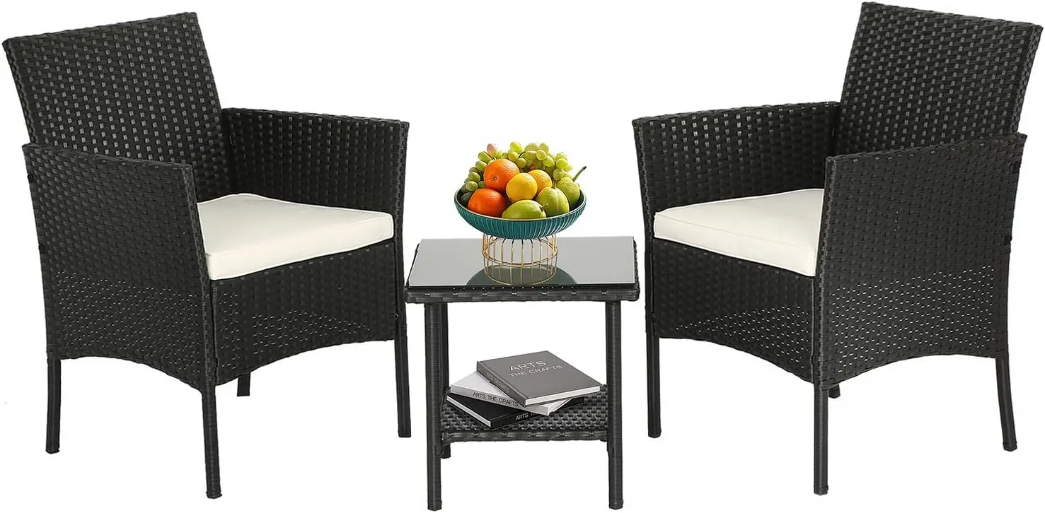 Outdoor Patio Furniture Set of 3 Rattan Chairs with Coffee Table for Yard, Backyard, Lawn, Porch, Poolside Balcony in Black