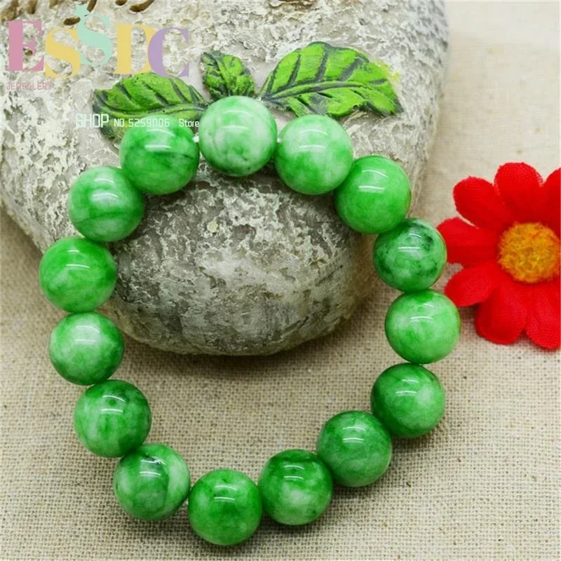 New Style Natural Green Cold Jadeite Fashion 12MM Stone Chinese Crafts Men Women's Beaded Jewellery Elasticity Bracelet 7.5