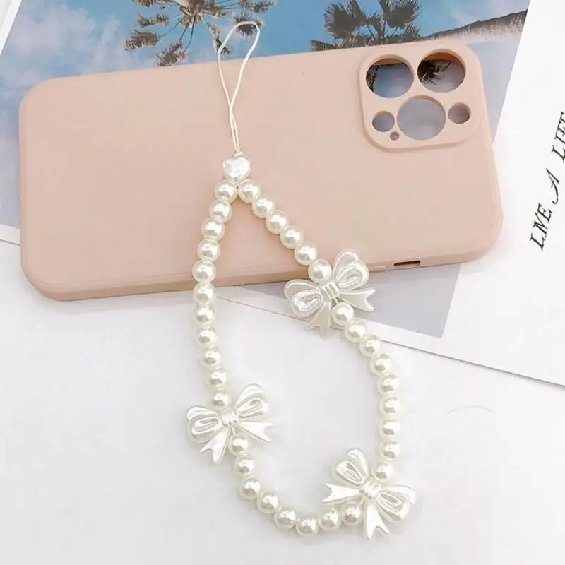 9HJK Pearls Bead Phone Pendant Bowknot Phone #1
