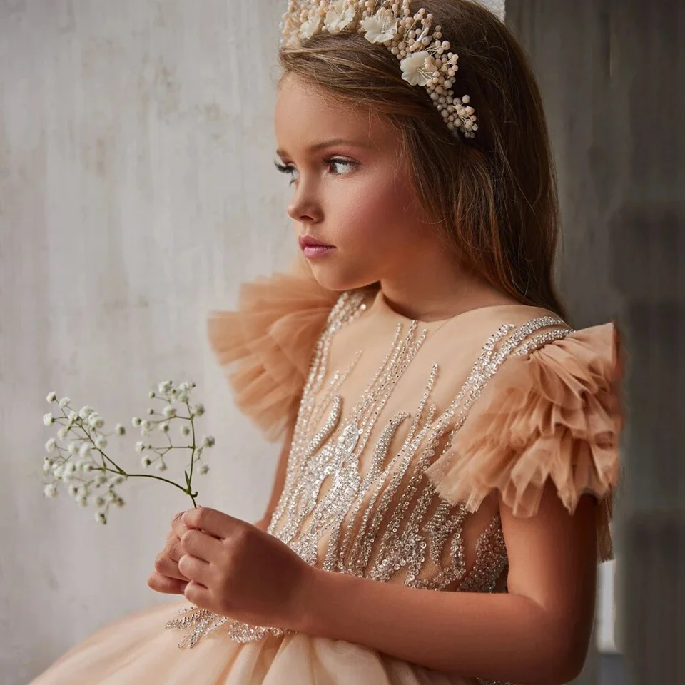 Robe de demoiselle d'honneur pour mariage, appliques en tulle perlé, longueur au sol, princesse gonflée, fête d'anniversaire pour enfants, occasion formelle, robe de reconstitution historique