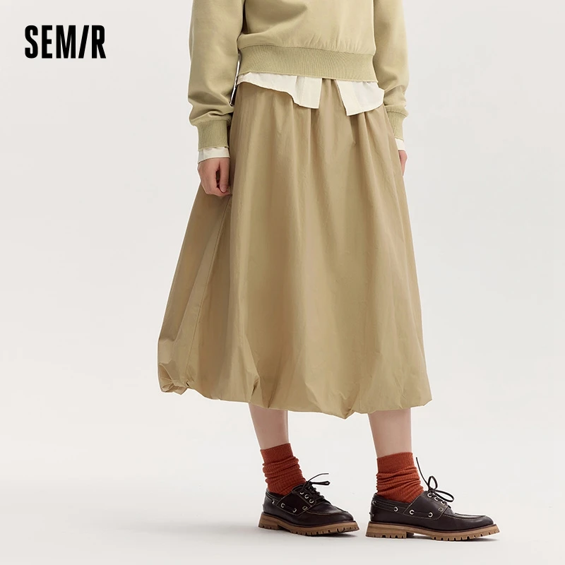 Semir Skirt Women High-Waisted Midi Skirt Loose Elastic Waist with Textured Fabric 2024 New Autumn Wide A-Line Skirt Elegant