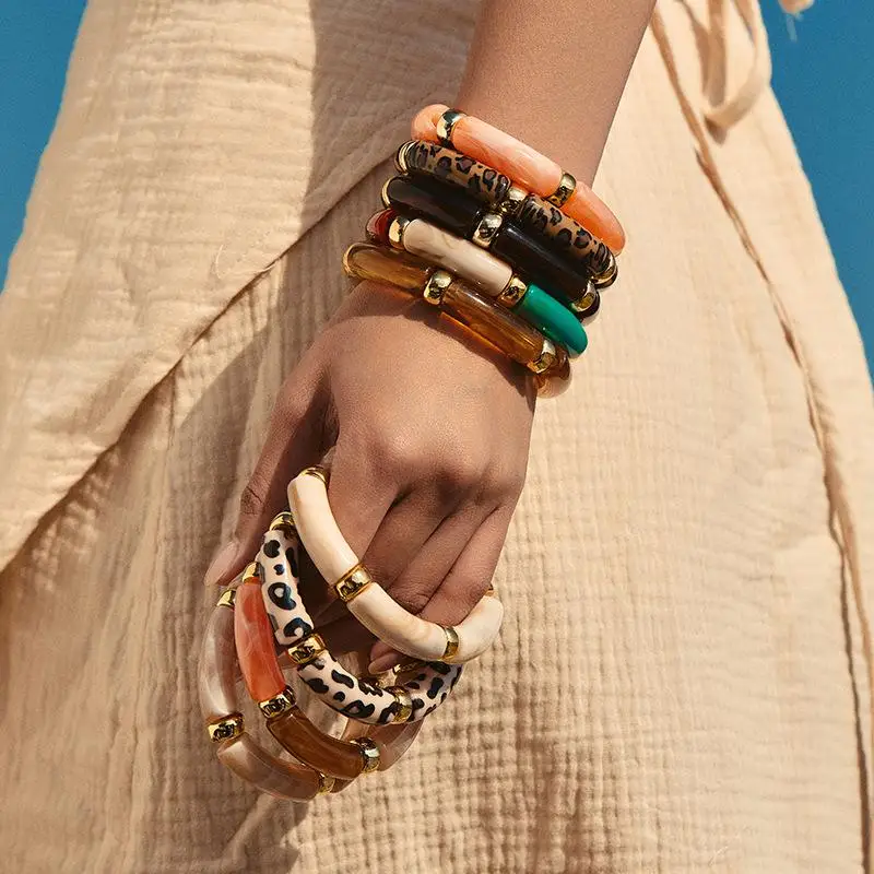 مختلط اللون الخيزران أنبوب الاكريليك أساور مرنة للنساء الرجال موضة الراتنج مكتنزة الكوع مطرز الإسورة كومة