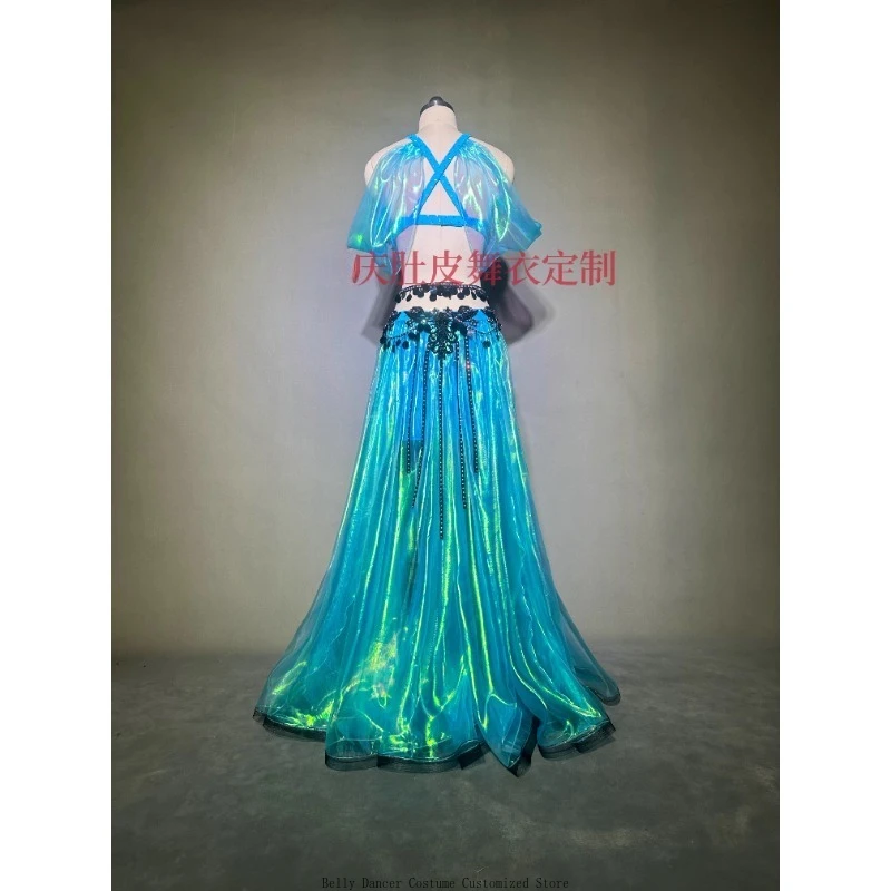 Trajes de dança do ventre personalizados vestido de desempenho oceano fantasia azul conjunto equipe desempenho jogo vestido sutiã cinto saia longa terno