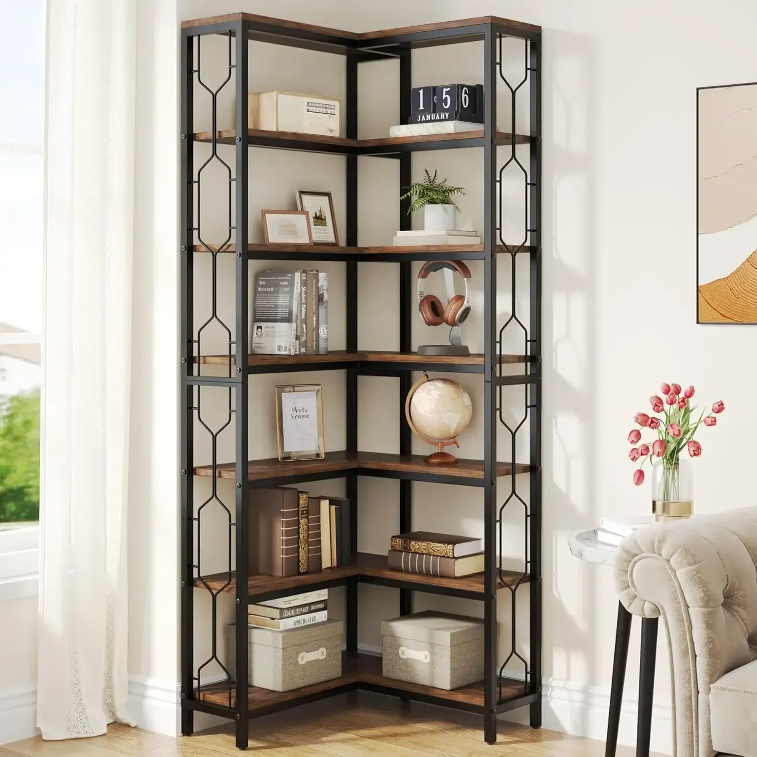 Tribesigns Corner Shelf, 7-Tier Industrial Corner Bookshelf, Wood and Metal Etagere Bookcase, Freestanding Display Shelf for Liv
