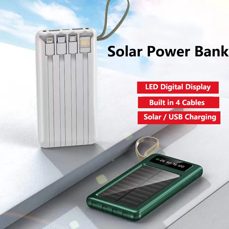 

30000mAh Solar Power Bank with Cable Portable Charging Poverbank LED Digital Display Powerbank External Battery Pack Power Bank