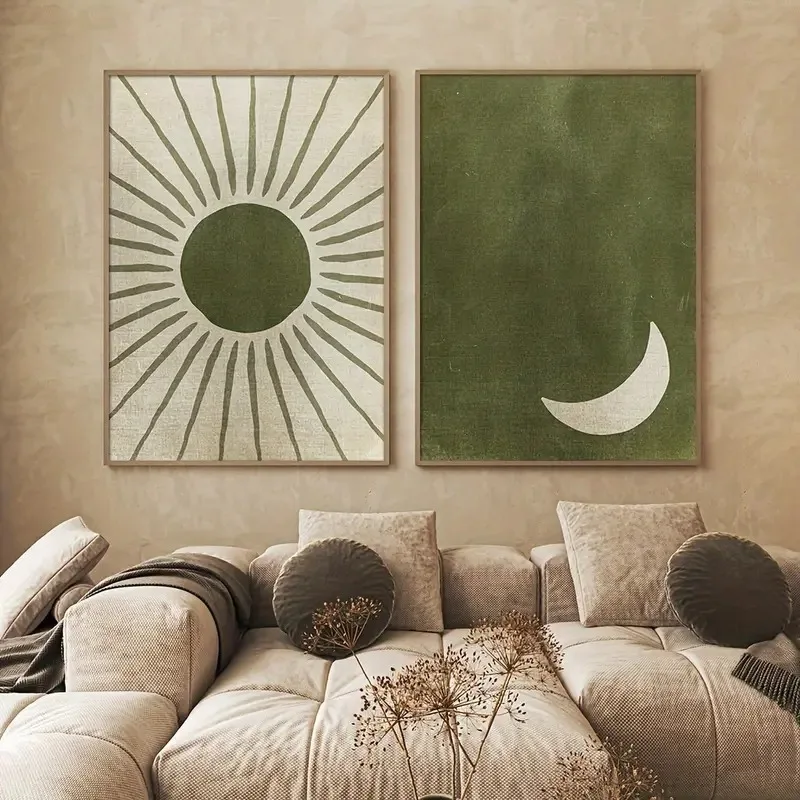 Retro Bohemian Green Moon Sun Canvas Prints Minimalist Landscape Wall Art Posters Modern Living Room Bedroom Office Home Deco