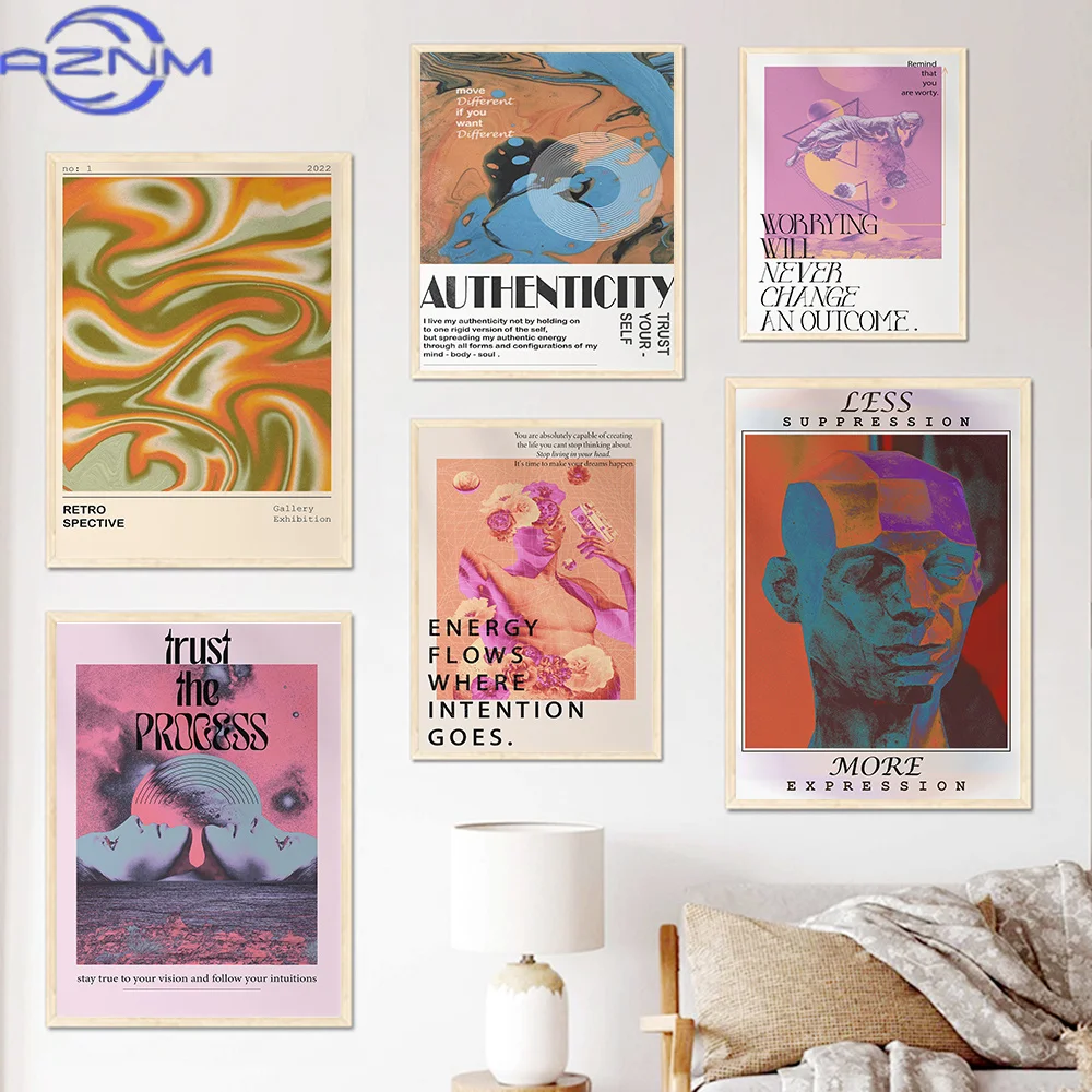 Affiche d'art psychédélique moderne AZNM avec dégradé, décoration murale tendance pour chambre, citations de méditation, peinture sur toile hippie, décoration abstraite pour la maison