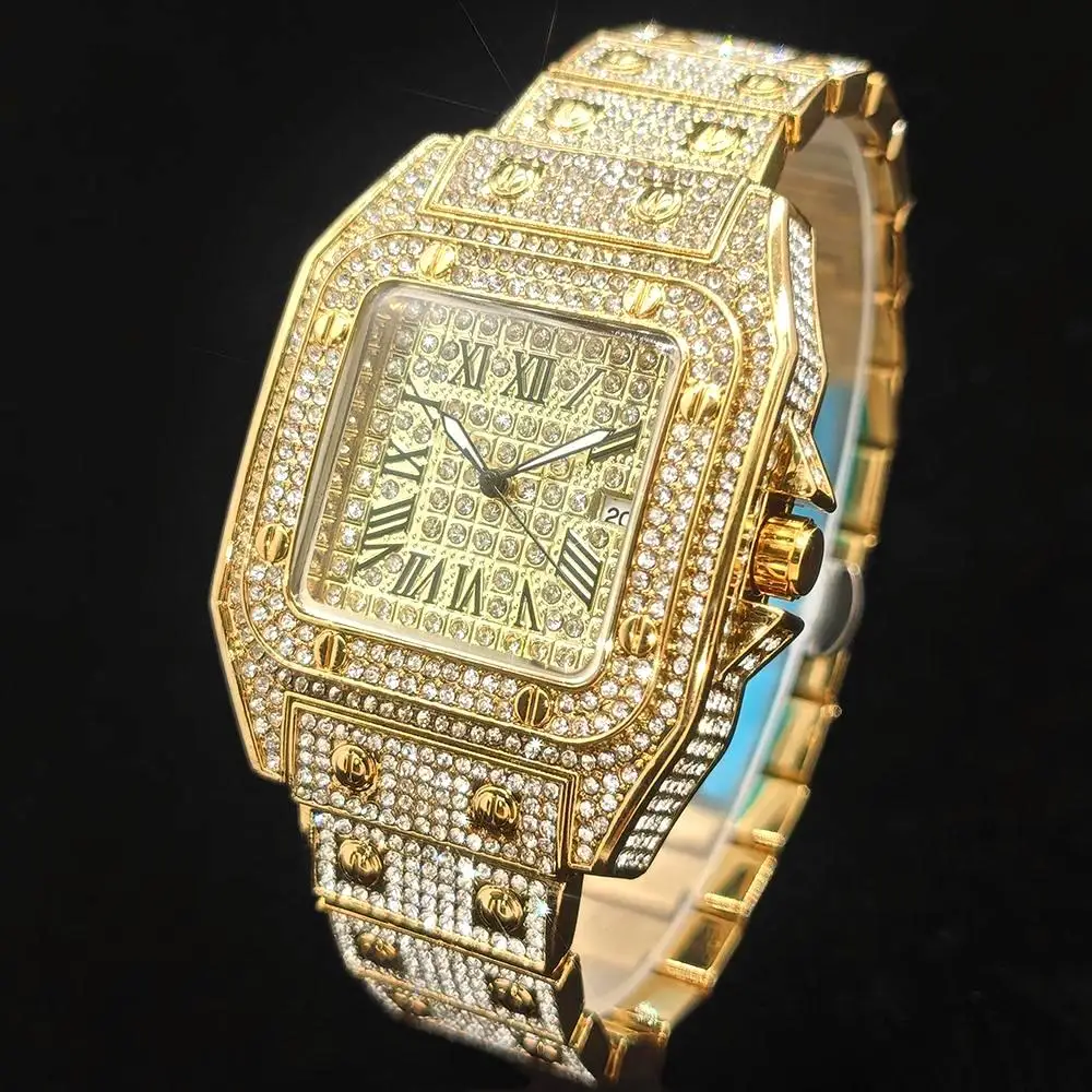 

UNIGUET Ice Gold Watch For Men Luxury Stainless Steel Quartz Watches Hip Hop Diamonds AAA Square Wristwatch Man Free Shipping