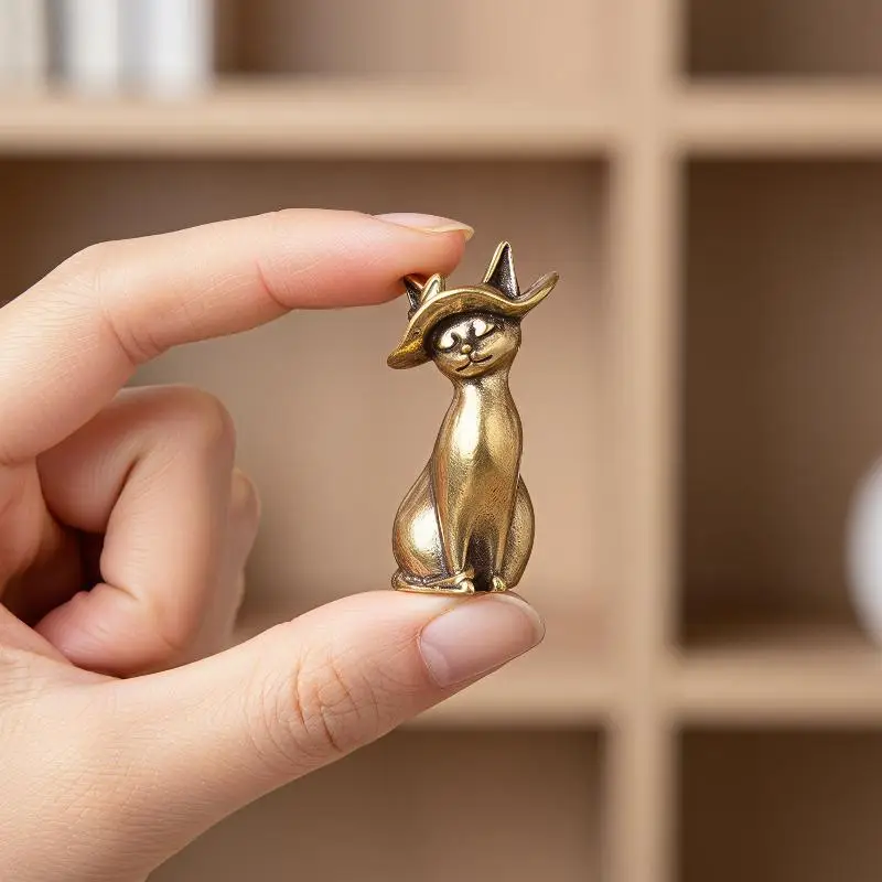 Solid Brass Cat Figurine Cute Bow Hat Design Art Craft Ornament for Cat Lovers Home Office Desktop Decor