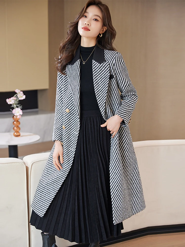 Elegant Office Lady Mid Length Knee Length Trench Coat For Women's 2024 Winter New Stripe Korean Loose Overcoats Coat