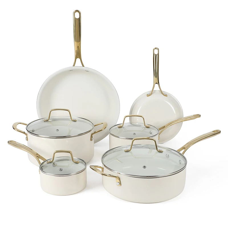 Ceramic Cookware Set Cooking Pot Wholesale Beige 10pcs 3 Ply Ceramic Aluminum Luxury Cookware Set