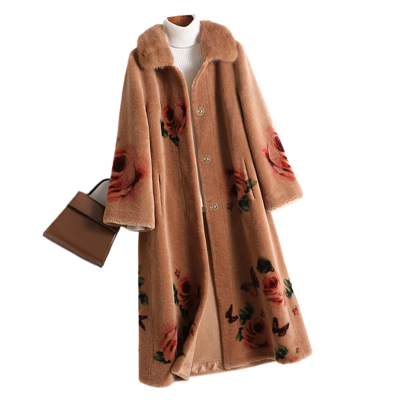 YOLANFAIRY 100% Wool Coat Womens New in Outwears Women Clothes Winter Long Print Jacket Mink Fur Collar Coats Casaco De Pele