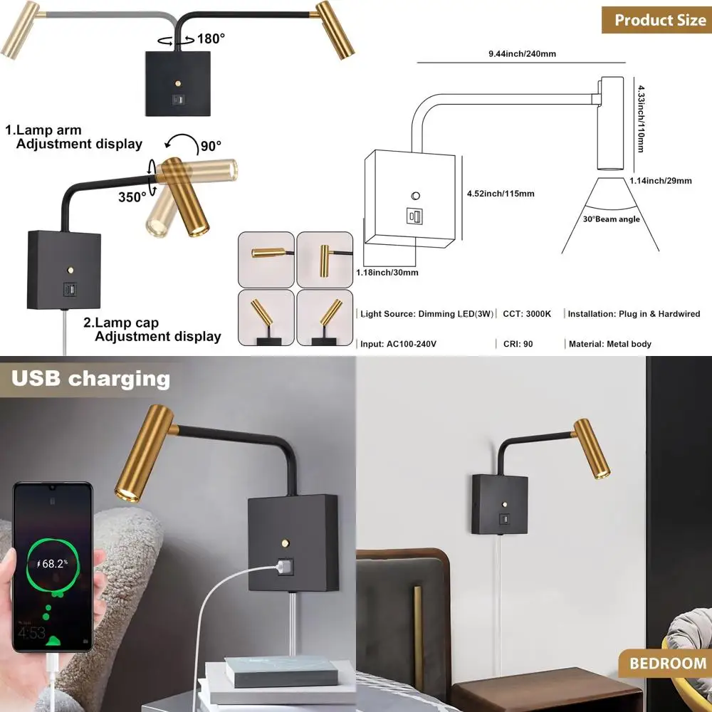 

Dimmable LED Wall Lamp with USB & C Ports, Adjustable Headboard Light, 3000K Warm Light, 2-Pack for Bedroom