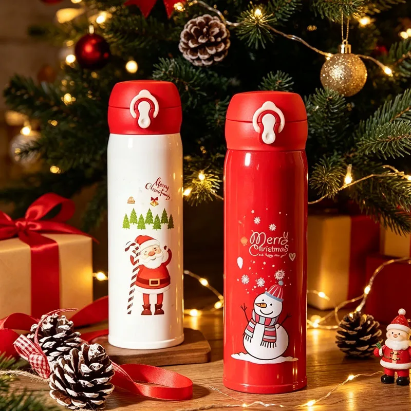 1-5PCS Christmas Stainless Steel Thermos Cup Push Button Lid Cartoon Pattern Gift for Men Women Holiday Party Home Celebration