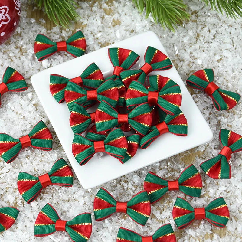 30pcs Christmas Satin Ribbon Bow Chrismas Tree DIY Hanging Decoration Girls Fashion Hair Accessories For Happy New Year Supplies