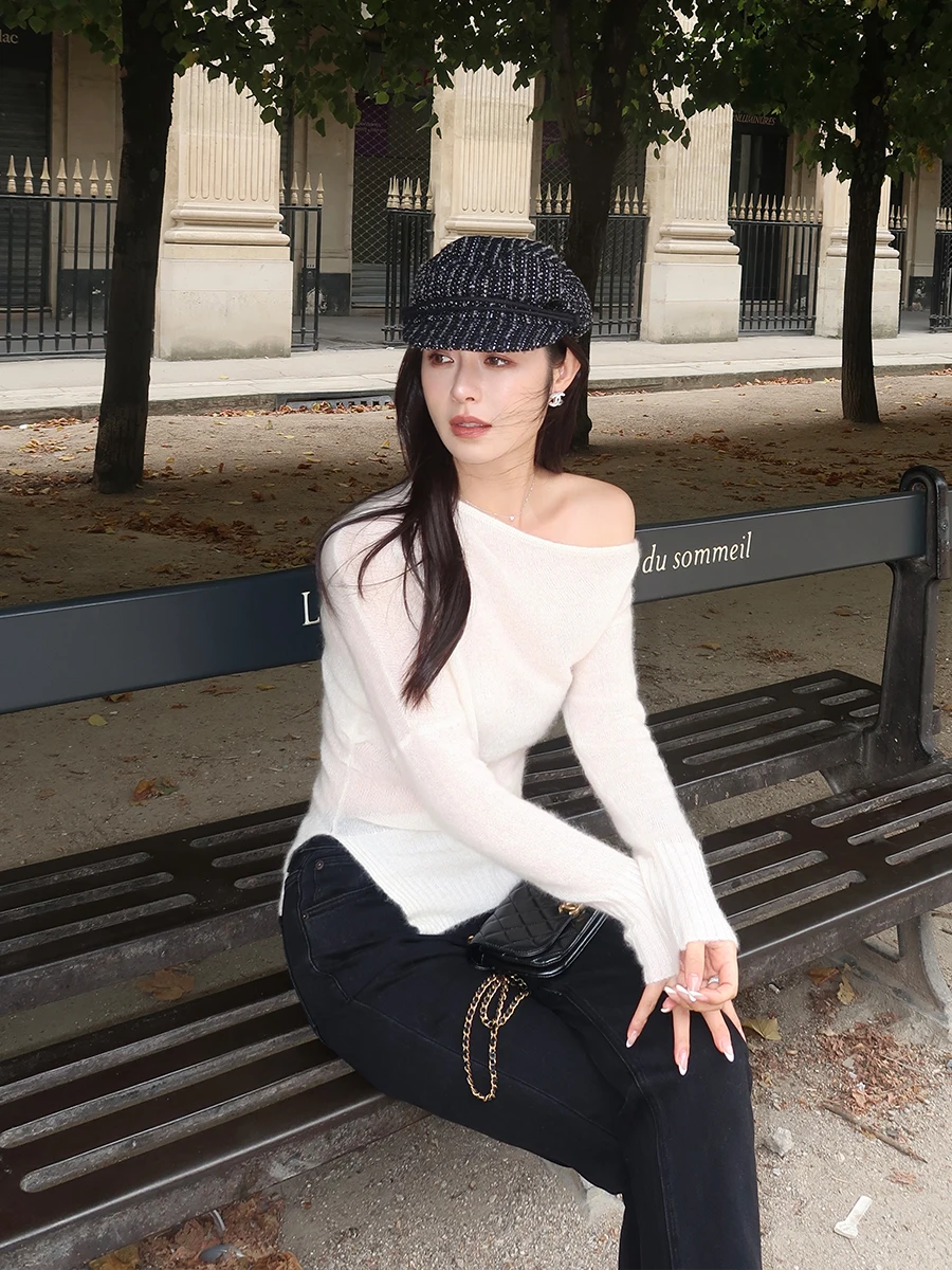 

Женский модный осенний свитер Ele Camere с открытыми плечами, тонкий вязаный топ Lazy Zoe с эффектом похудения, с длинными рукавами