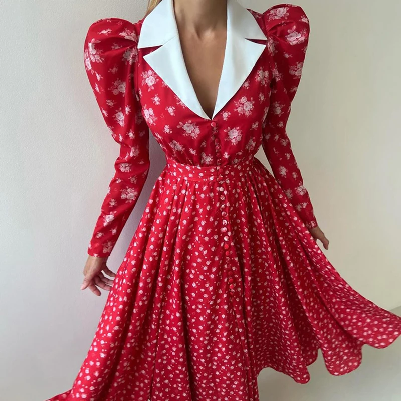 Trendy Sexy High Waist Pleat Swing Dress Retro Pattern Print Lapel Long Dress Women's French Style Long Sleeve A-line Boho Dress