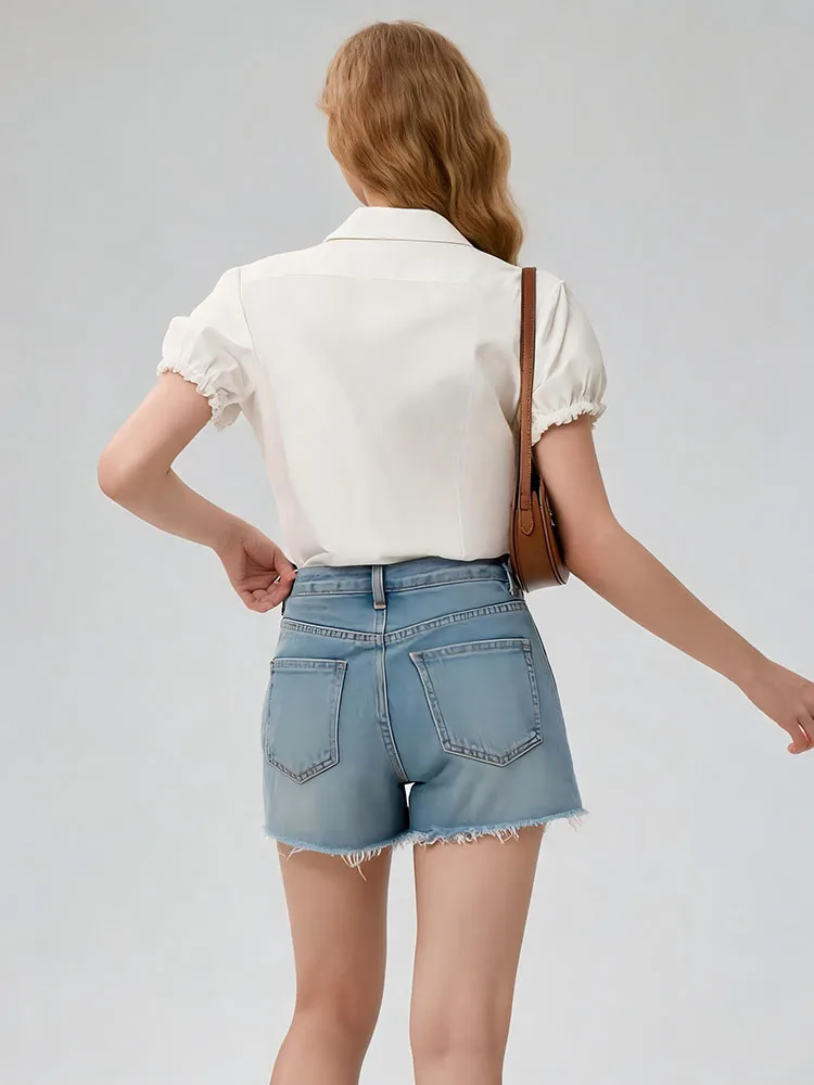 Y2K Retro Sweet Cool Style Solid Color Short Sleeve Collar T-shirt Bubble Ruffle Sleeve Music Note Print Slim Fit Daily