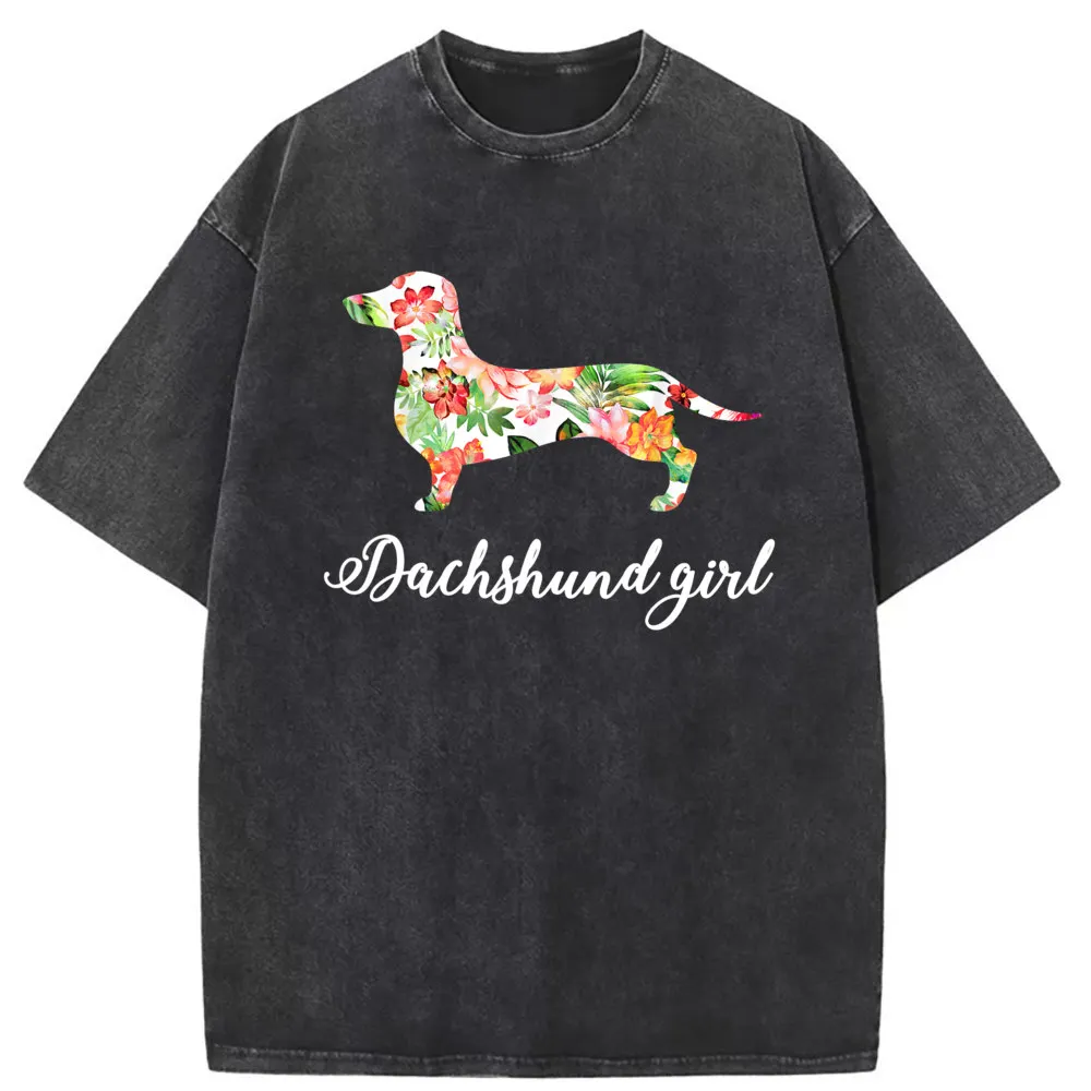 Dachshund Girl T-shirts Dog Lover Gifts Long Sleeve Tee Shirts Men Unisex Animal Printed Washed Cotton Sweatshirts Retro Tshirts