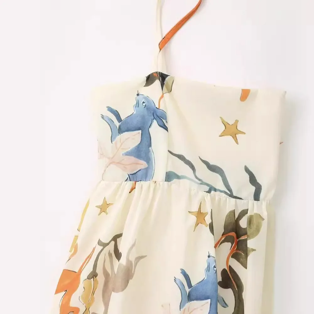 2024 Boheemse spaghettibandjes strand zomerjurken officiële winkel bloemenprint vakantie damesjurk