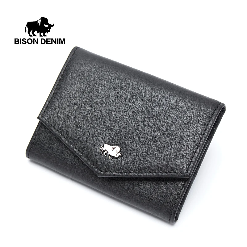 BISONDENIM prawdziwy skórzane krótkie portfele posiadacz karty portfele z włókna węglowego pieniądze klipy monety Mini kieszeń mężczyzna kobiet portfel