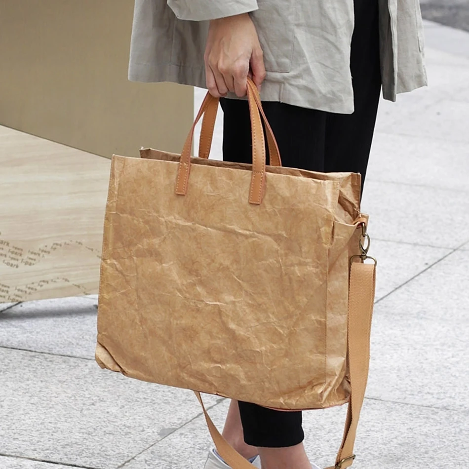 

Women Kraft Paper Vintage Single Shoulder Bags Letter Solid Casual Totes Large Capacity Handbags Travel Shopping Bag