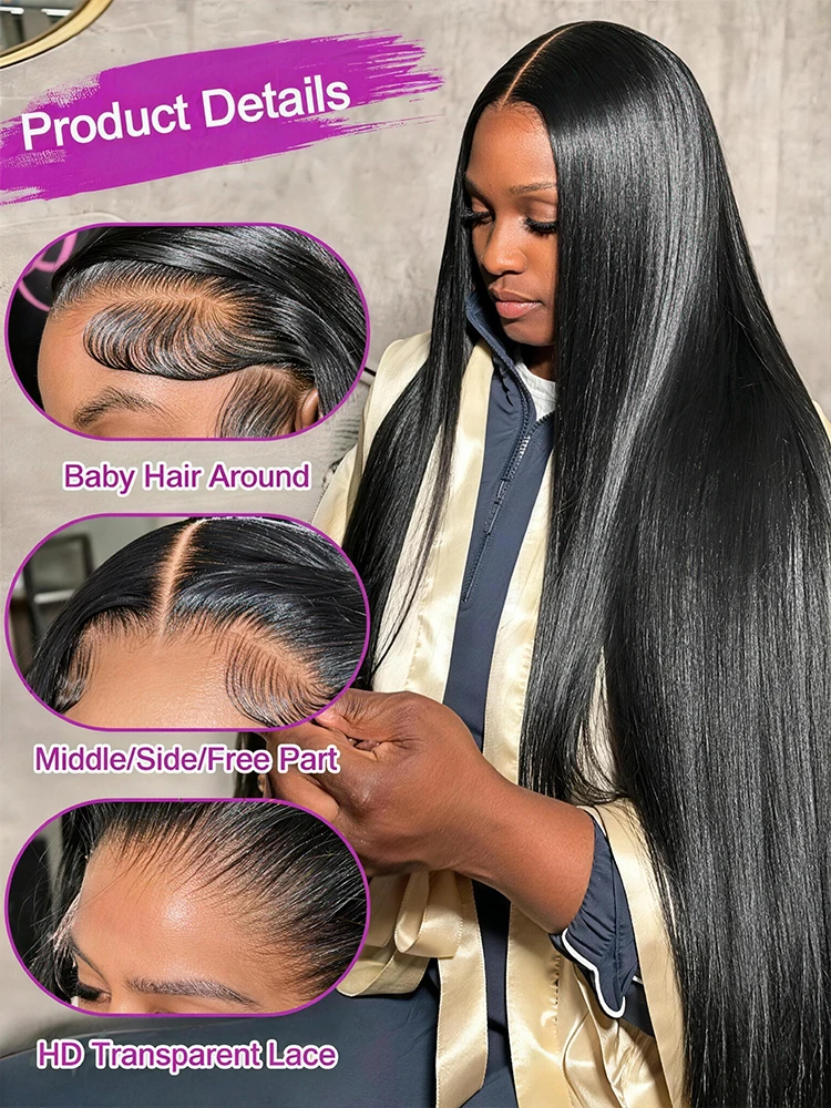 42 Inch 13x6 HD Lace Front Wigs Straight Human Hair 250% Density Pre Cut 7x5 Glueless Lace Closure Wigs For Women Invisible Melt Skin Ships from US Warehouse