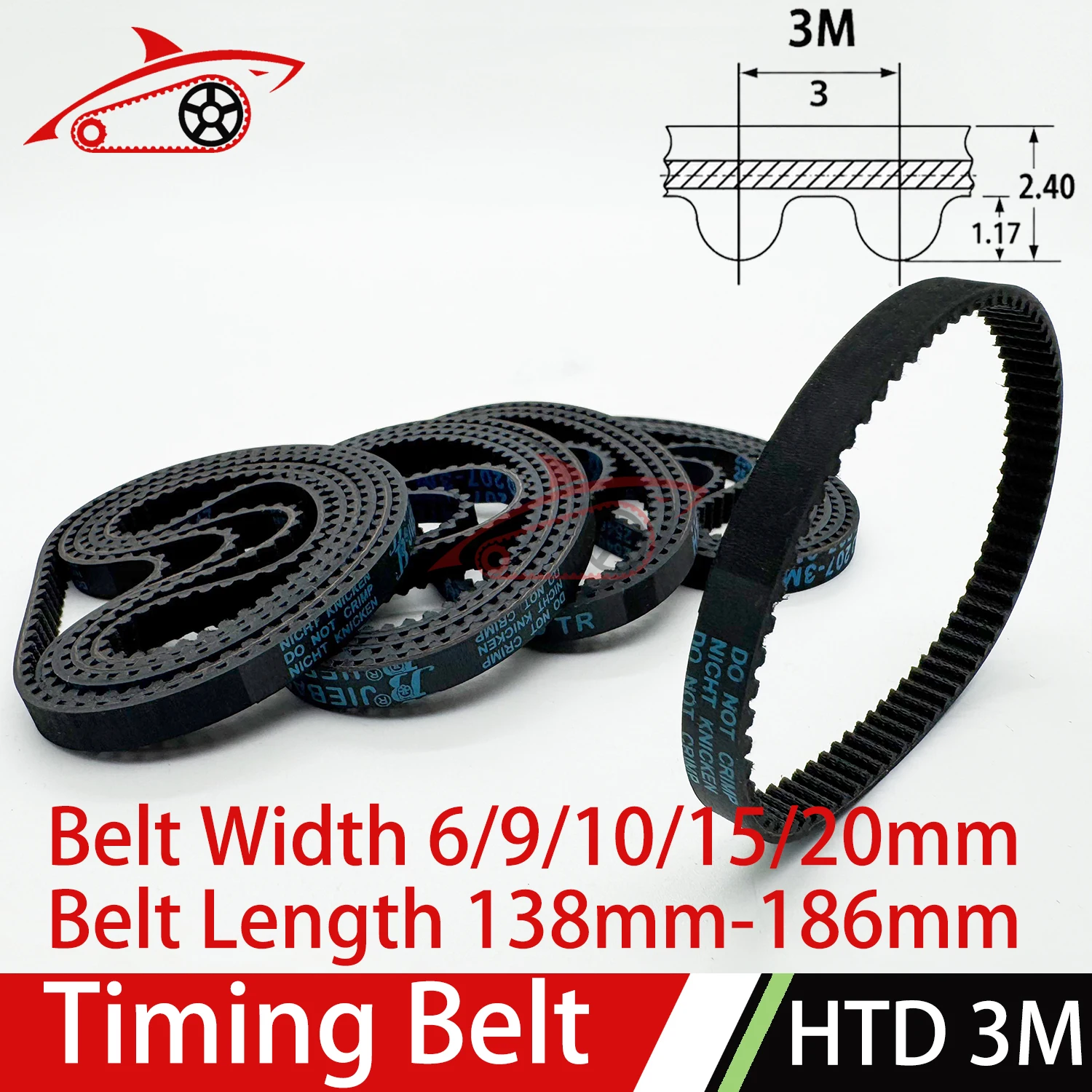 HTD 3M Timing Belt Belt Length 138mm~186mm Belt Width 6 10 15 20mm Rubber Closed Loop HTD3M Synchronous Belt For Pulley Belt 3M