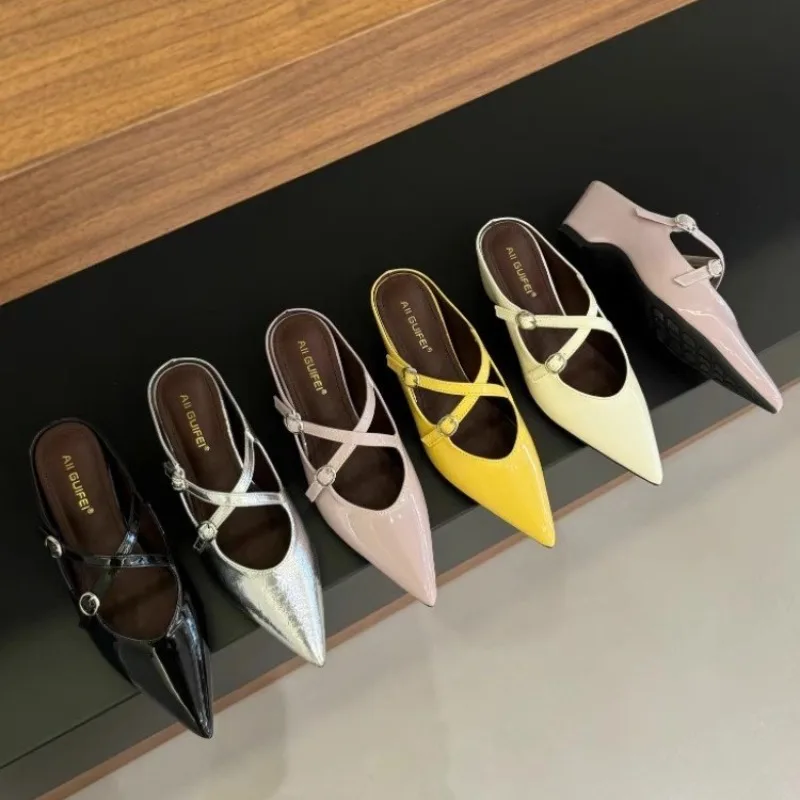 

New Style Elegant Leather Sandals Women Sexy Pointy Toe Cross Strap Design Slide Sandals Luxury Party Dress Heel Sandalias