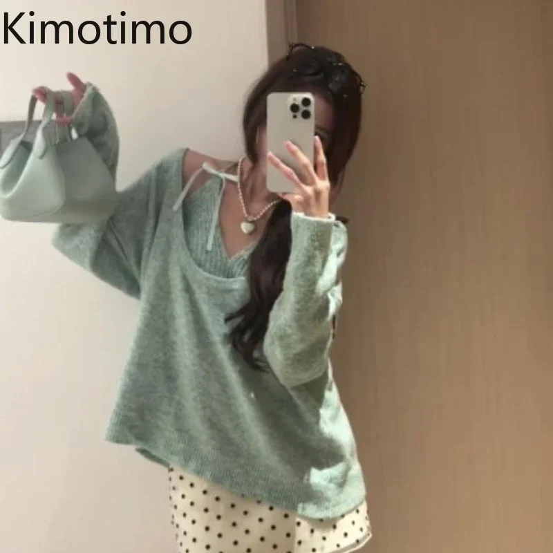 Kimotimo Green Knitted Two Piece Sets Women Autumn Winter V Neck Loose Long Sleeve Pullover Sweater Vest Korean Sweet Chic Suits