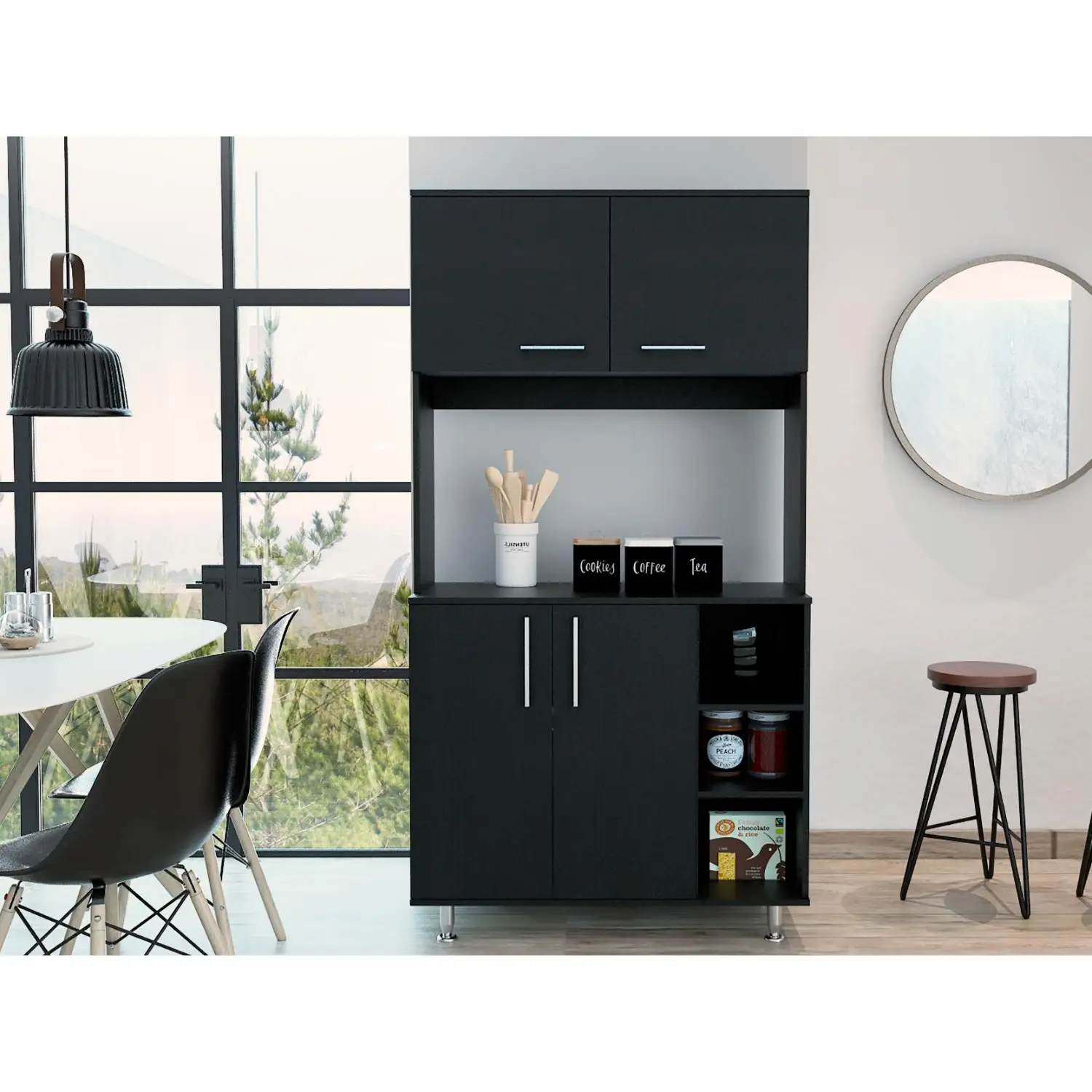 95 Pantry Kit, Four Legs, Double Door Cabinet, Three Shelves  Black