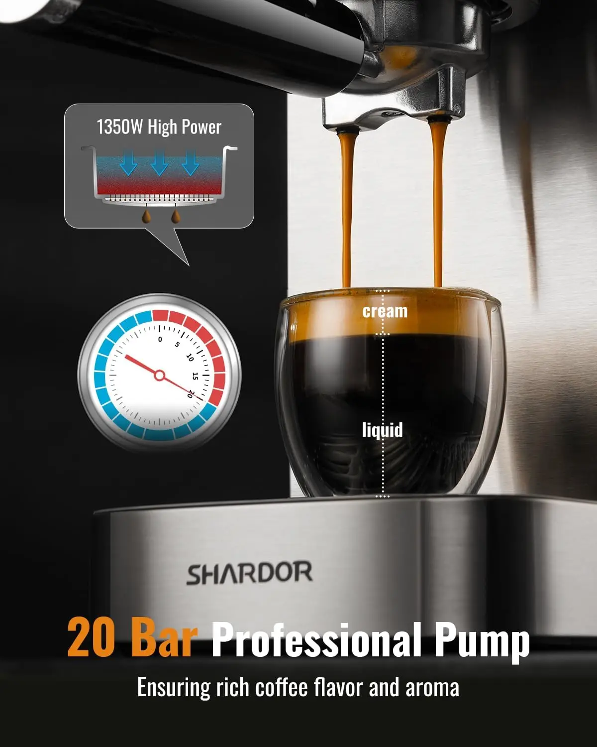 Professional Espresso Maker with Milk Frother Steam Wand and Touchscreen, Compact Stainless Steel Coffee Machine with Adjustable