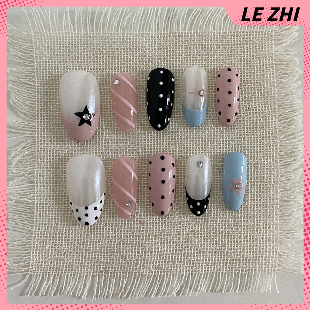 اللوز مربع الفرنسية البساطة اضغط على رسومات أظافر البولكا نقطة ستار القوس أجنحة Y2K ريترو 10 قطعة الأظافر اليدوية للتخصيص شكل