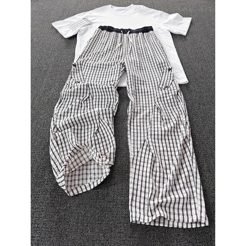 

Black and white checkered pants with foam gauze for men and women, summer pleated cool feeling, breathable checkered pants, work