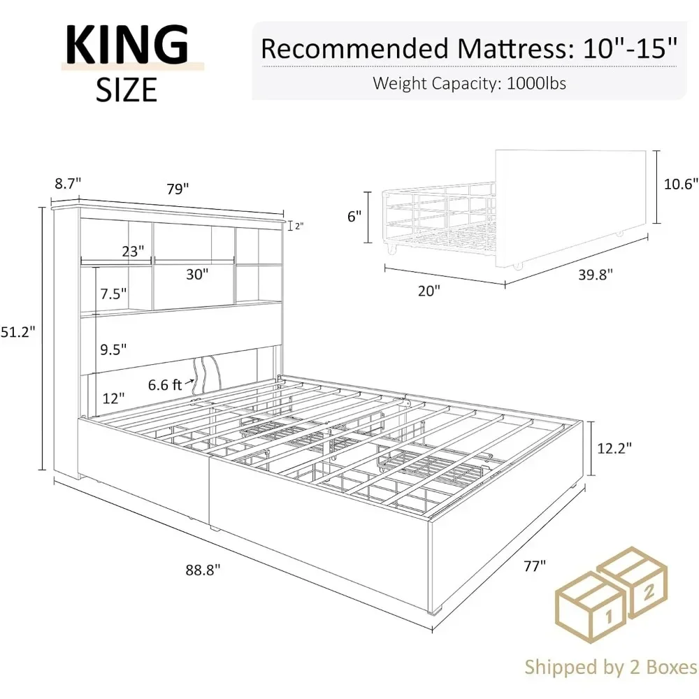 Bed Frame Wooden Platform Bed With 51.2" Storage LED Bookcase Headboard,4 Storage Drawers&Charging Station/No Box Spring Needed