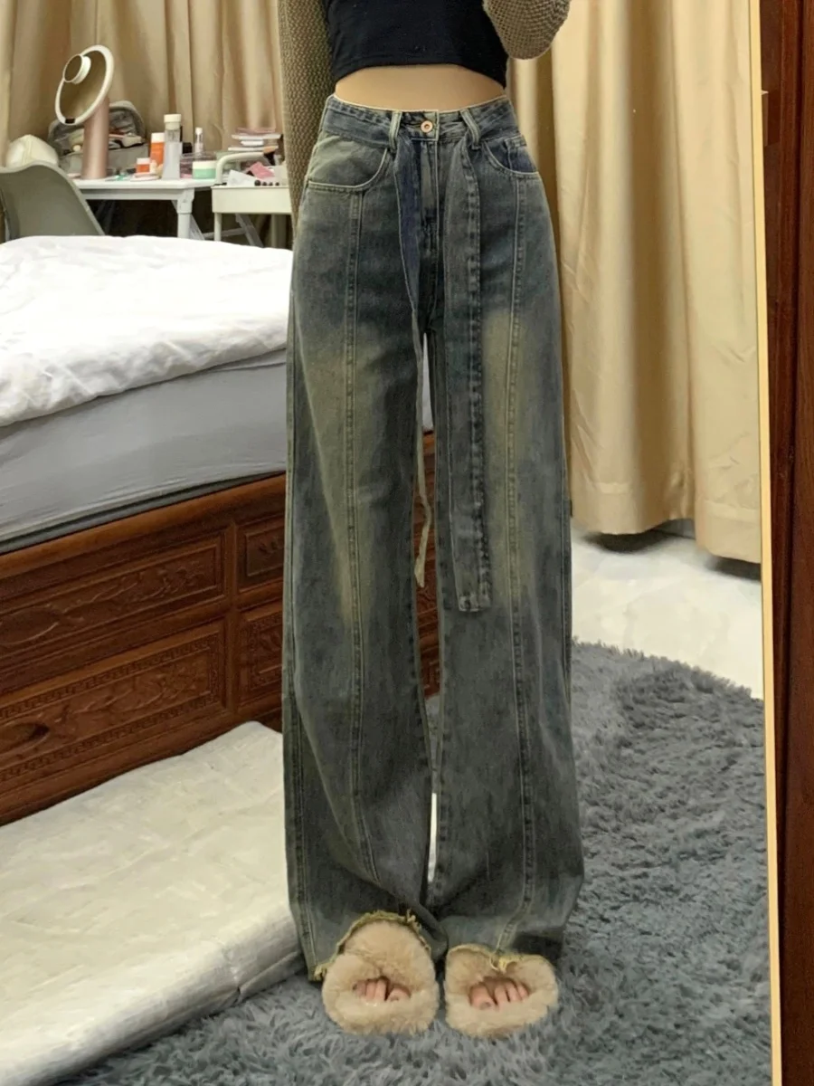 الرجعية الأمريكية واسعة الساق الدينيم الجينز المرأة حجم صغير الخريف جديد كبير الحجم عالية الخصر فضفاض مستقيم السراويل الطويلة #4