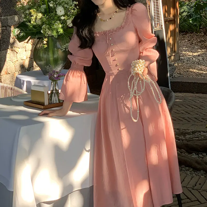 Korea Vintage Pink Dress Women Elegant Square Collar Party Midi Dress Korea Sweet Princess A Line Female Sundress Vestido 2023